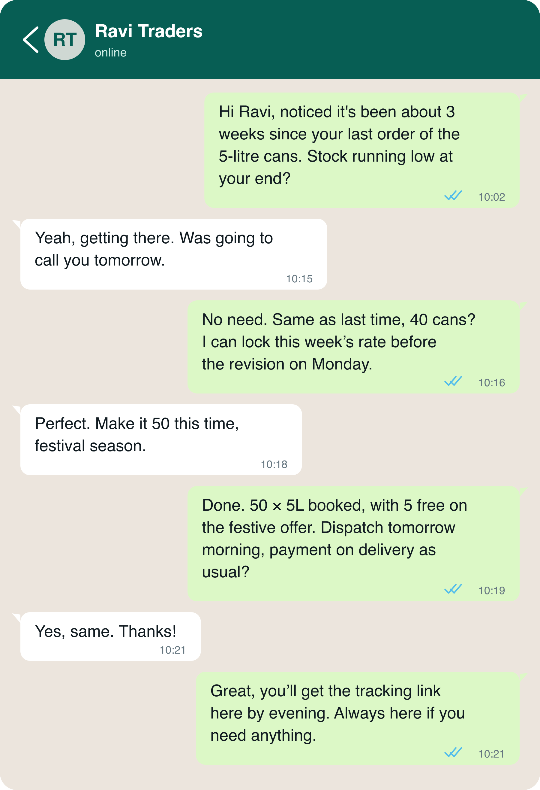 WhatsApp conversation where a supplier notices a customer is due to reorder, the customer raises the order from 40 to 50 cans for the festival season, and the order is confirmed for dispatch the next morning